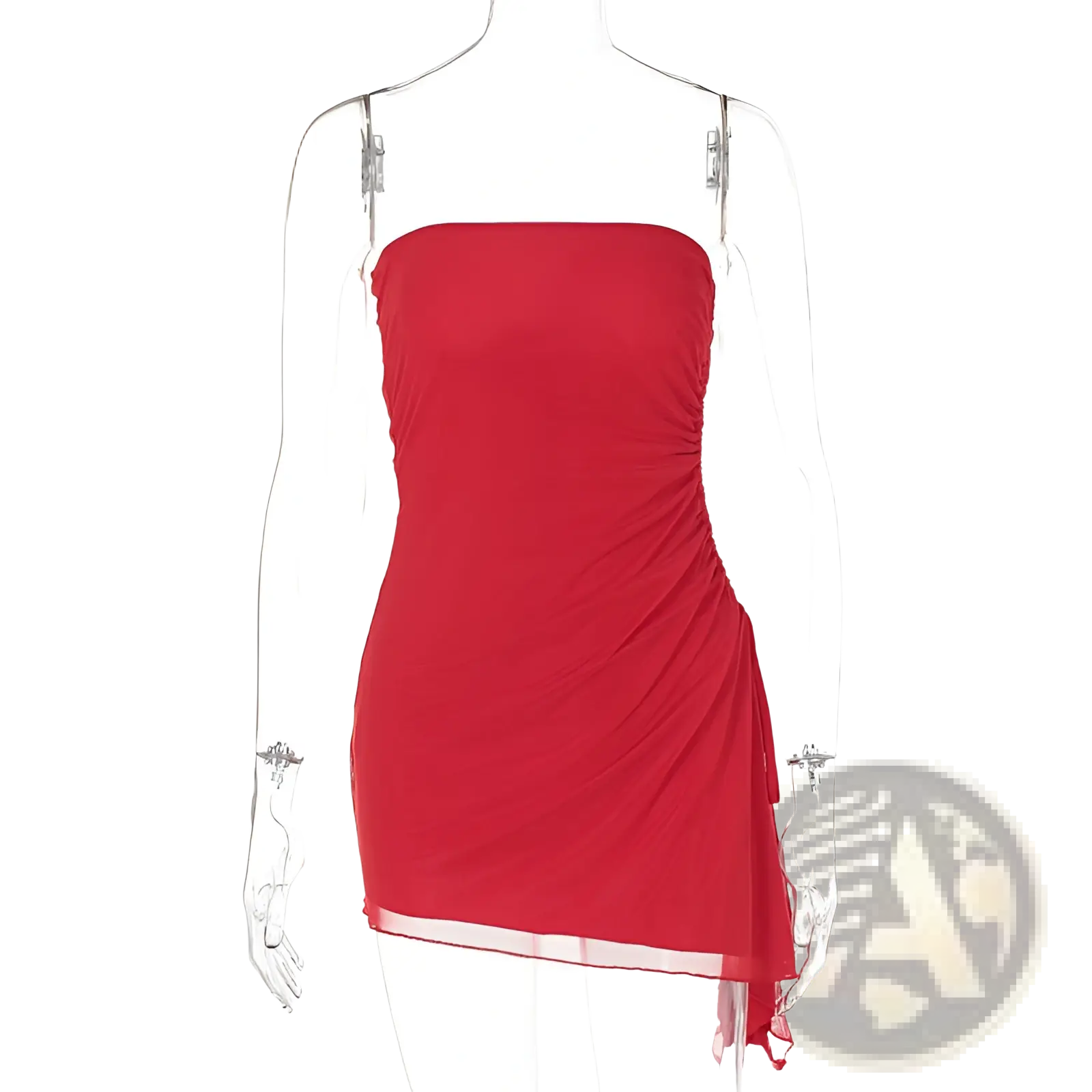 A vibrant red y2k strapless mini dress with ruched side and sheer hem perfect for stylish occasions