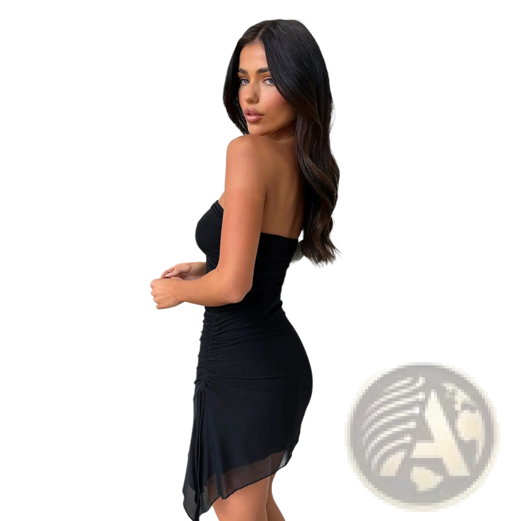 Back view of black y2k ruched strapless mini bodycon dress with sheer overlay hem and side slit details