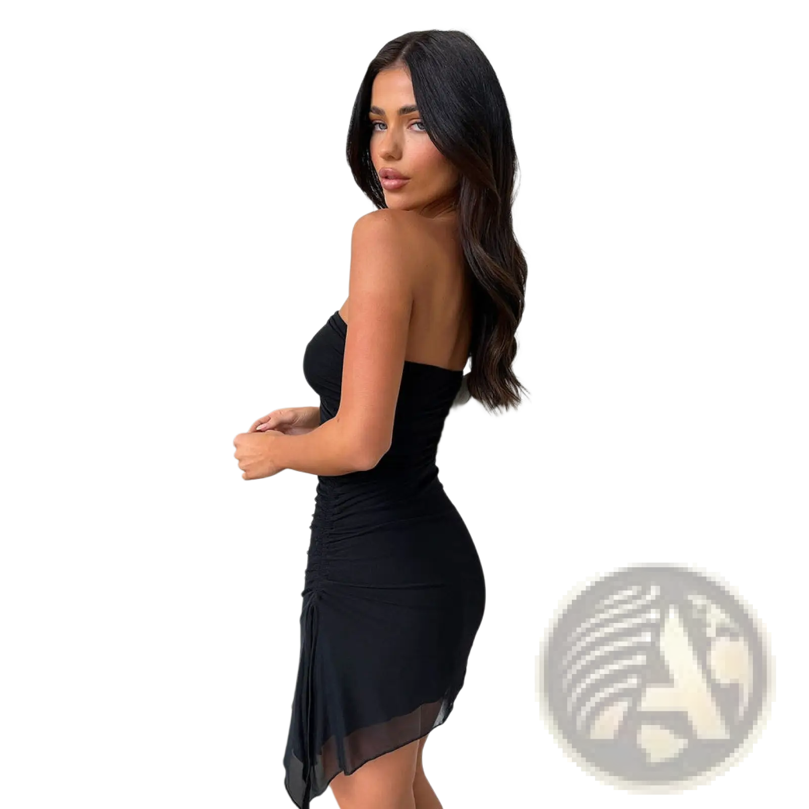 Back view of black y2k ruched strapless mini bodycon dress with sheer overlay hem and side slit details