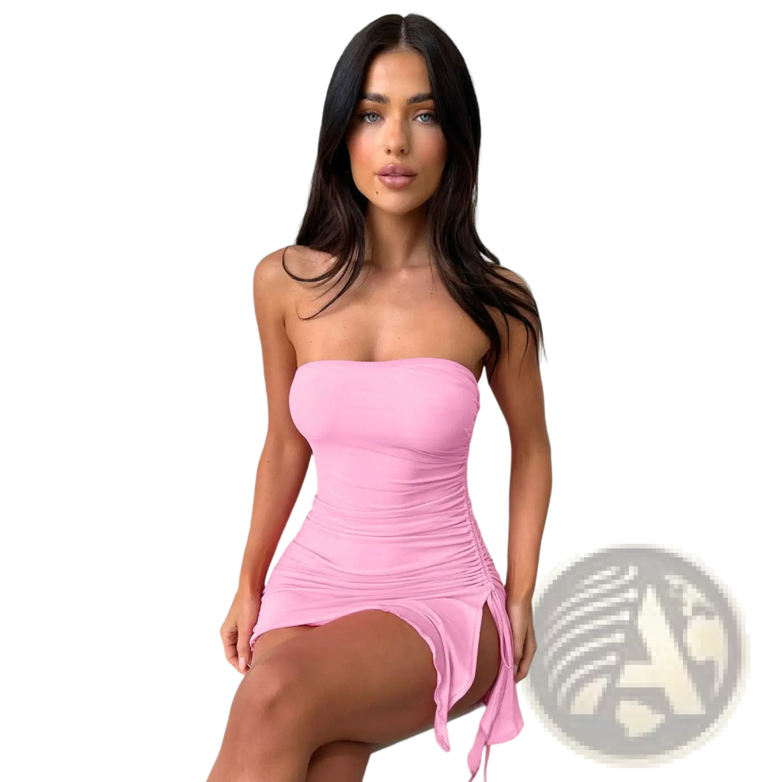 A strapless pink mini dress with ruched detailing and a side slit perfect for y2k-inspired occasions