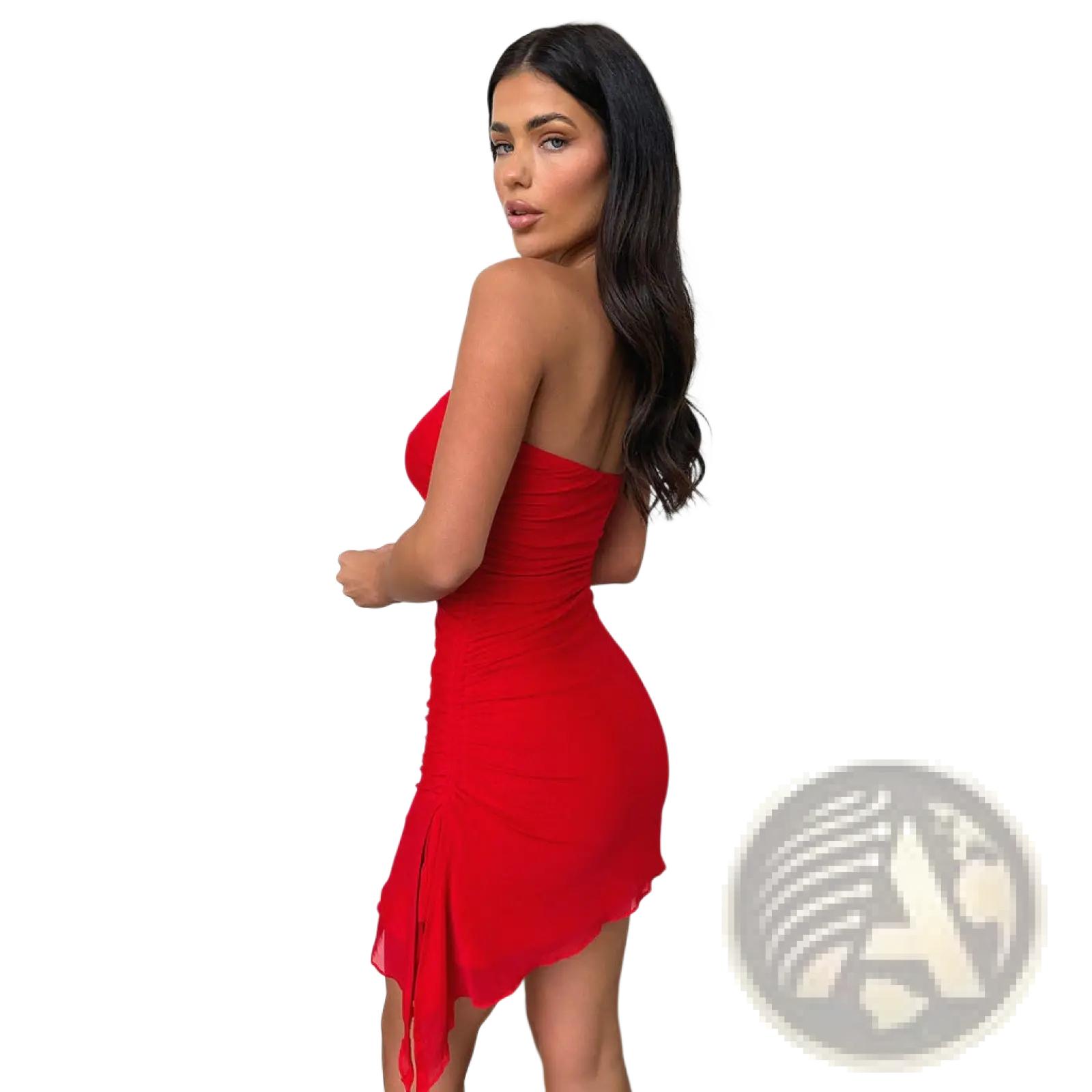A vibrant red Y2k ruched strapless mini dress with a ruched bodice and asymmetrical hemline