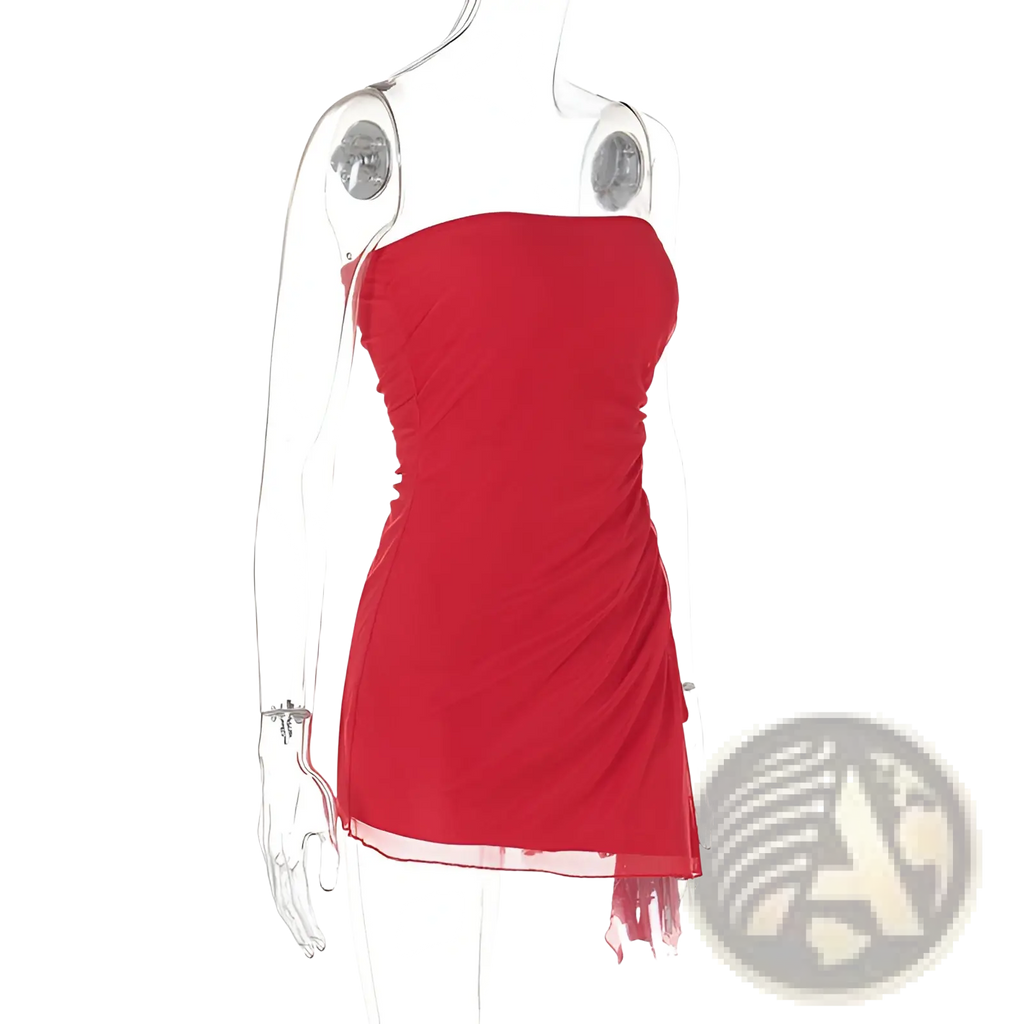 A vibrant red Y2k ruched strapless mini dress with sheer fringed hemline and side slit