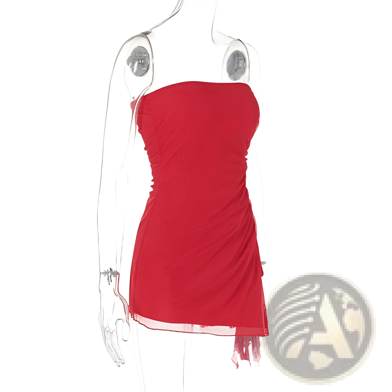 A vibrant red Y2k ruched strapless mini dress with sheer fringed hemline and side slit