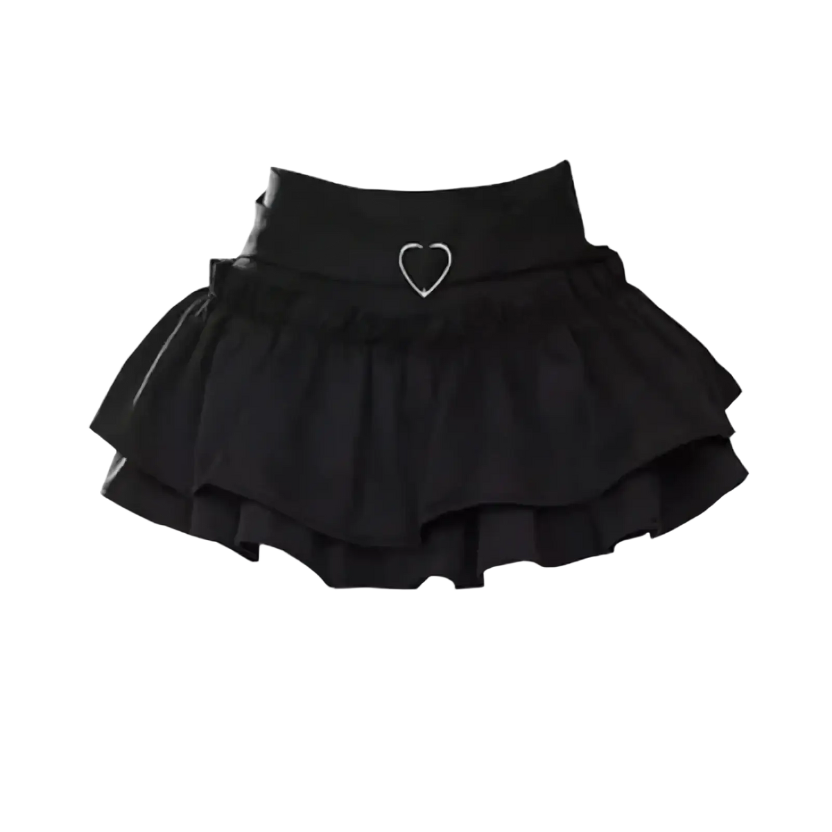 Black y2k high waist mini skirt with ruffles and heart-shaped metal buckle at the waist