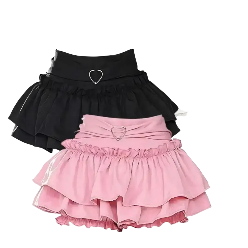 Y2k ruffled high waist mini skirt in black and pink with heart-shaped metal buckles for a stylish look