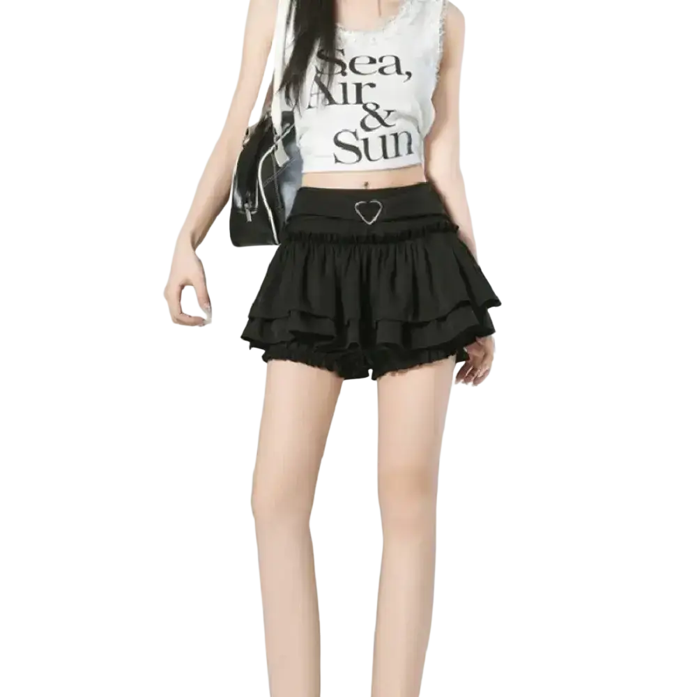 Black y2k high waist mini skirt with ruffled hem and heart-shaped metal buckle at the waist