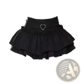 Black y2k ruffled high waist mini skirt with heart-shaped metal buckle at the waist in ruffled design