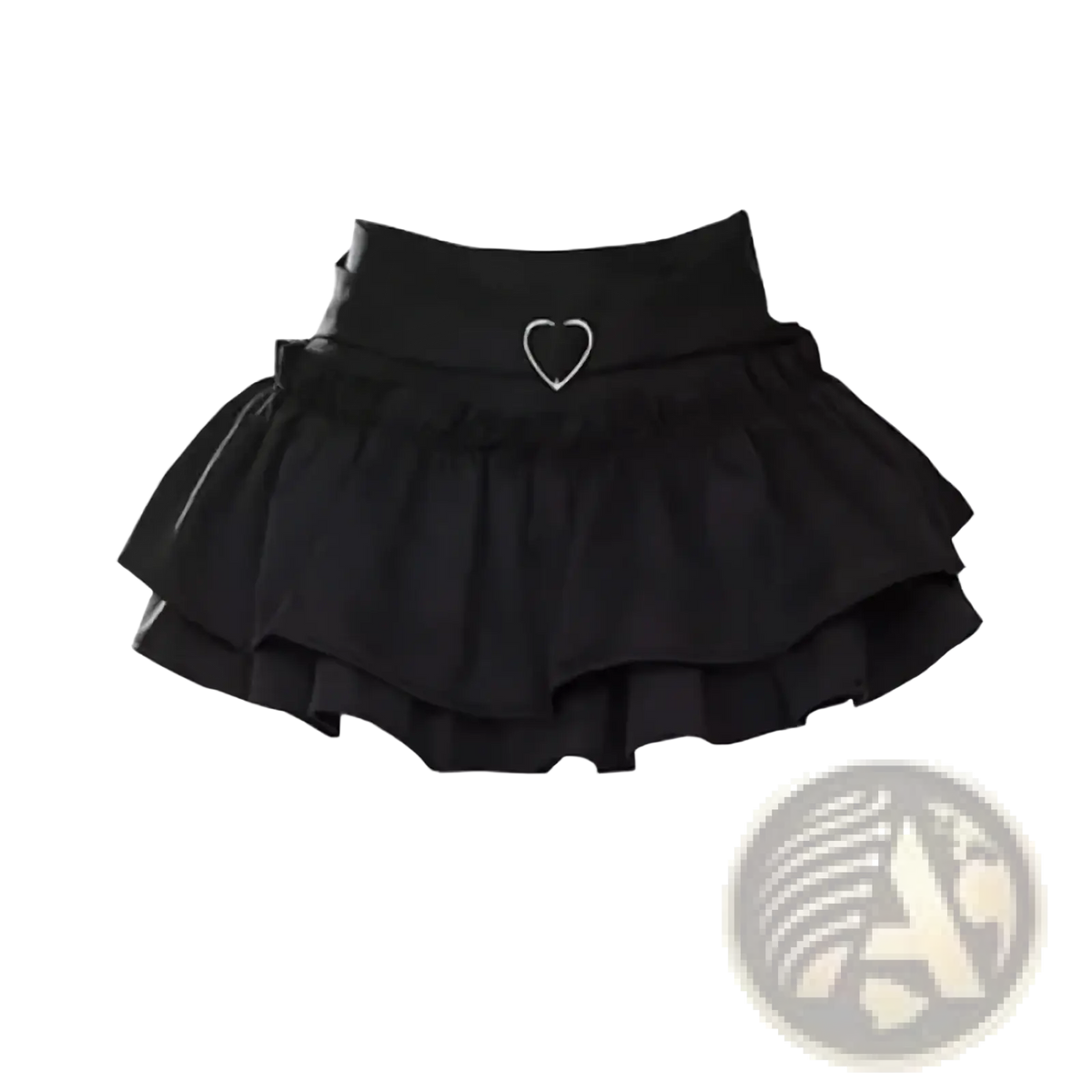 Black y2k ruffled high waist mini skirt with heart-shaped metal buckle at the waist in ruffled design