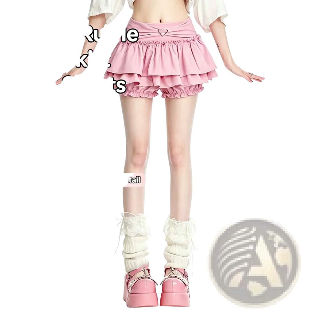 Pink layered ruffle mini skirt with shorts high waist and heart buckle detail y2k ruffled style