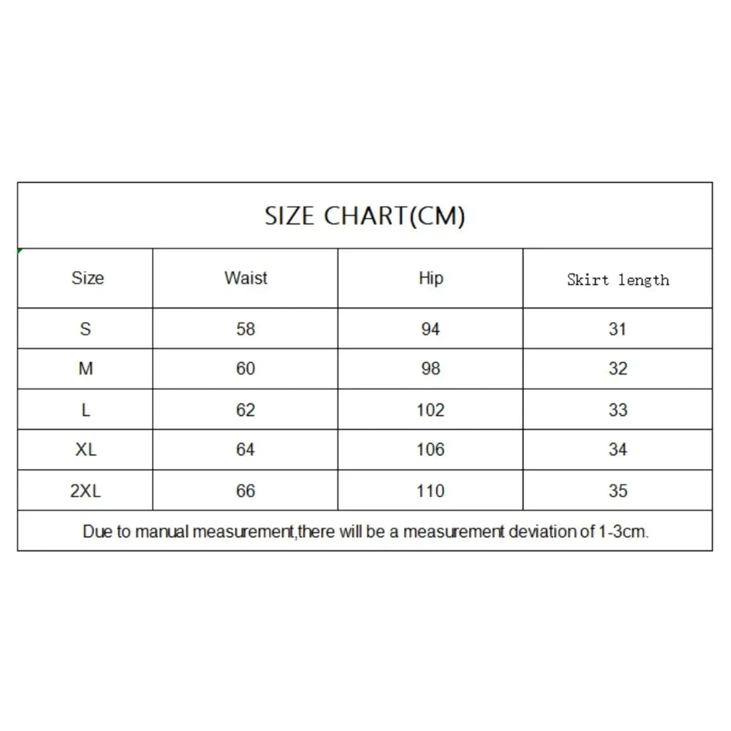 Size chart for y2k ruffled high waist mini skirt showing measurements in centimeters from size s to 2xl