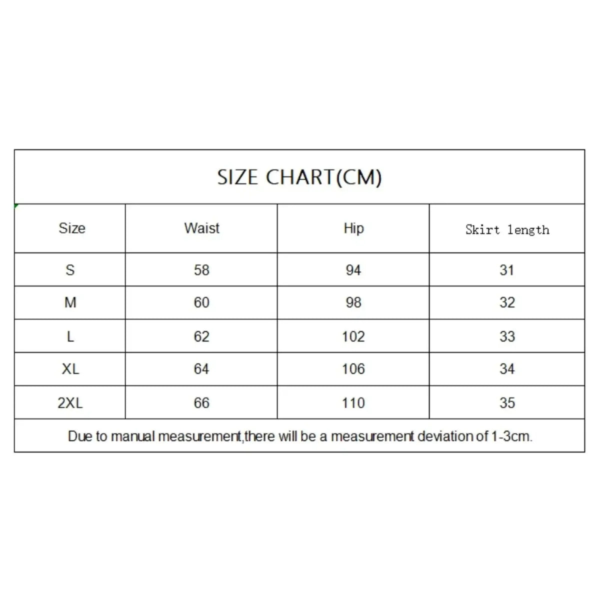 Size chart for y2k ruffled high waist mini skirt showing measurements in centimeters from size s to 2xl