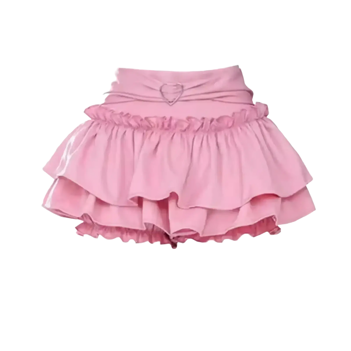 A soft pink y2k ruffled high waist mini skirt with layered ruffles gathered waistband and heart-shaped embellishment