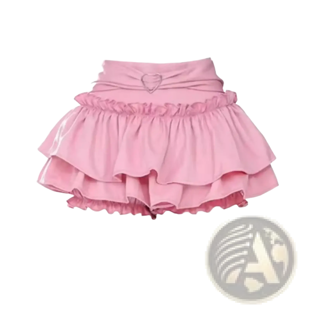 A soft pink y2k ruffled high waist mini skirt with tiered tiers, gathered waistband, and heart-shaped metallic accent