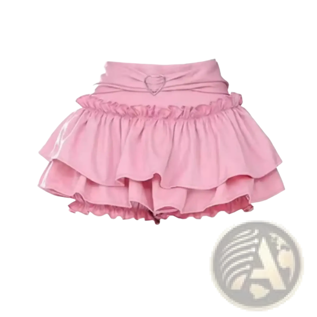 A soft pink y2k ruffled high waist mini skirt with tiered tiers, gathered waistband, and heart-shaped metallic accent