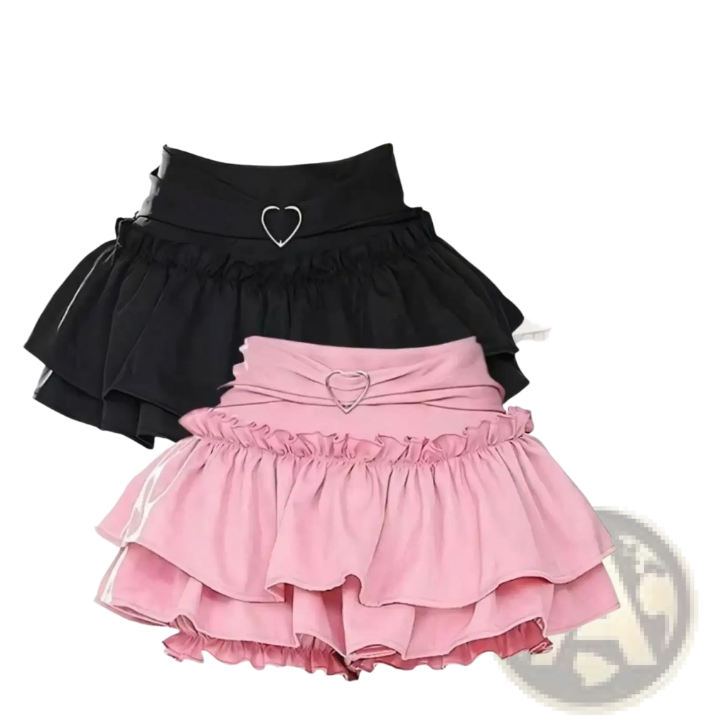 Y2k ruffled high waist mini skirts in black pink and white featuring heart-shaped metal buckles at the waistband