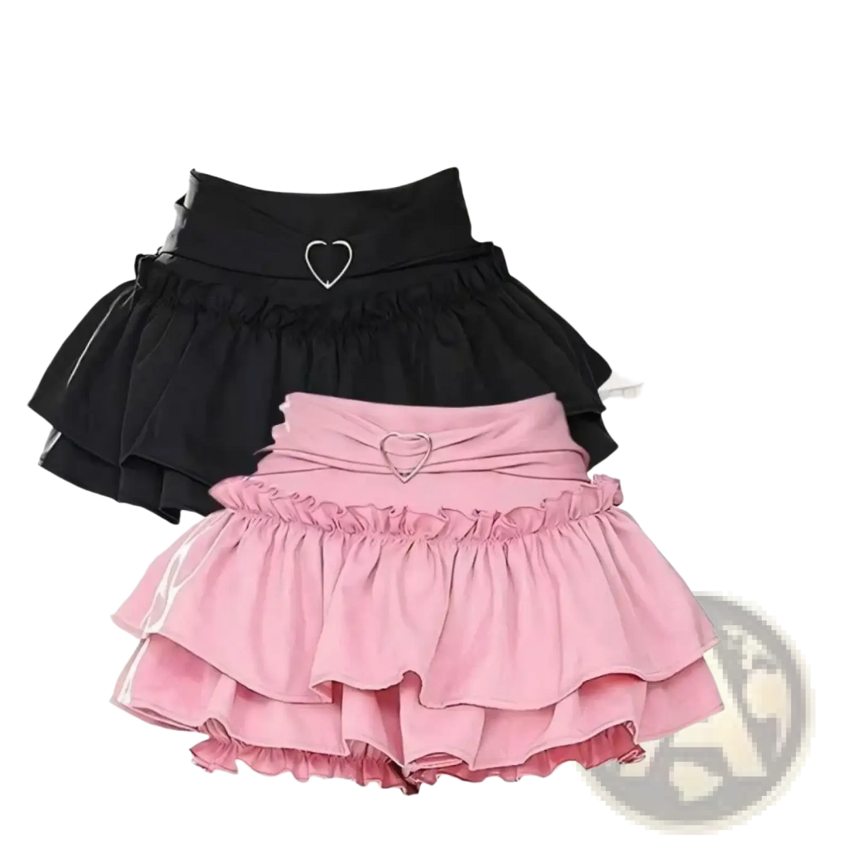 Y2k ruffled high waist mini skirts in black pink and white featuring heart-shaped metal buckles at the waistband