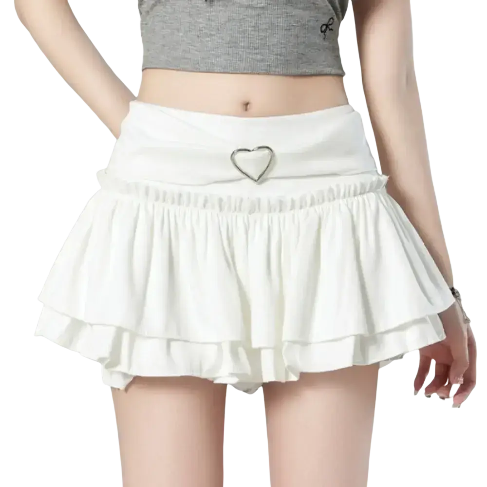 White y2k ruffled high waist mini skirt with a heart-shaped metal buckle at the waist for a stylish look