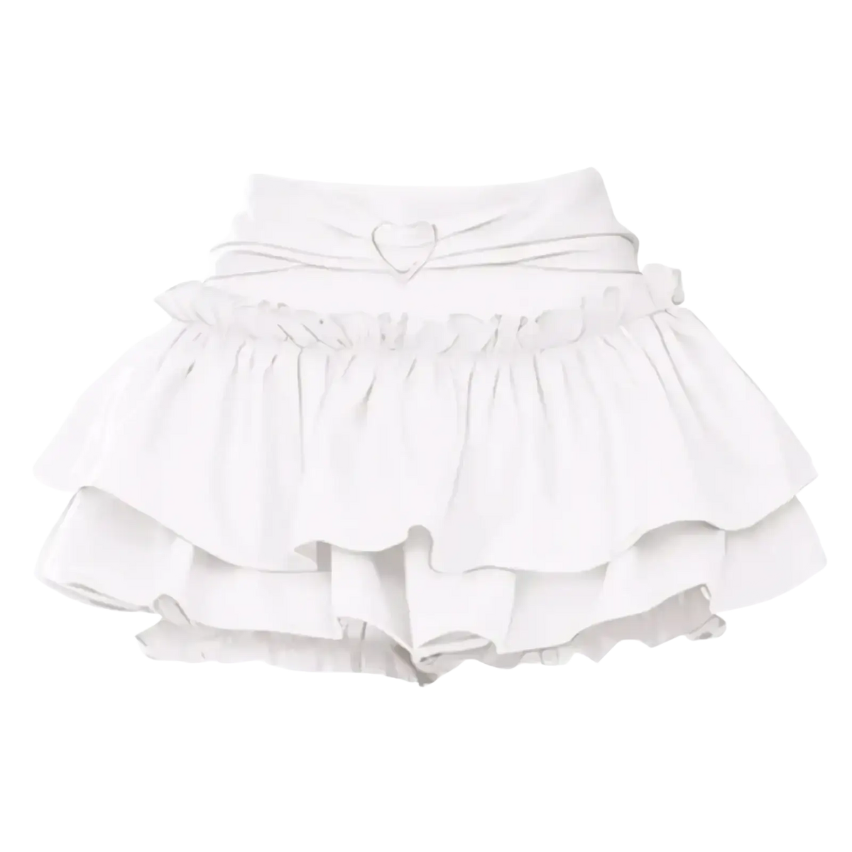 White y2k high waist mini skirt with ruffled design and a heart-shaped belt buckle for stylish casual wear