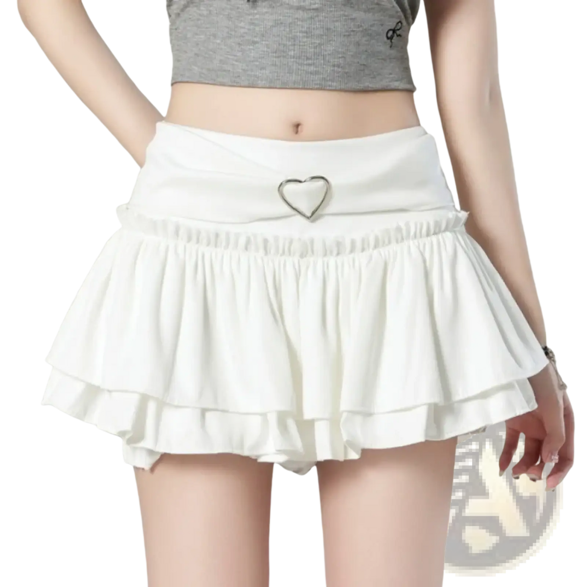 White ruffled high waist mini skirt featuring a heart-shaped metal belt buckle in Y2k style