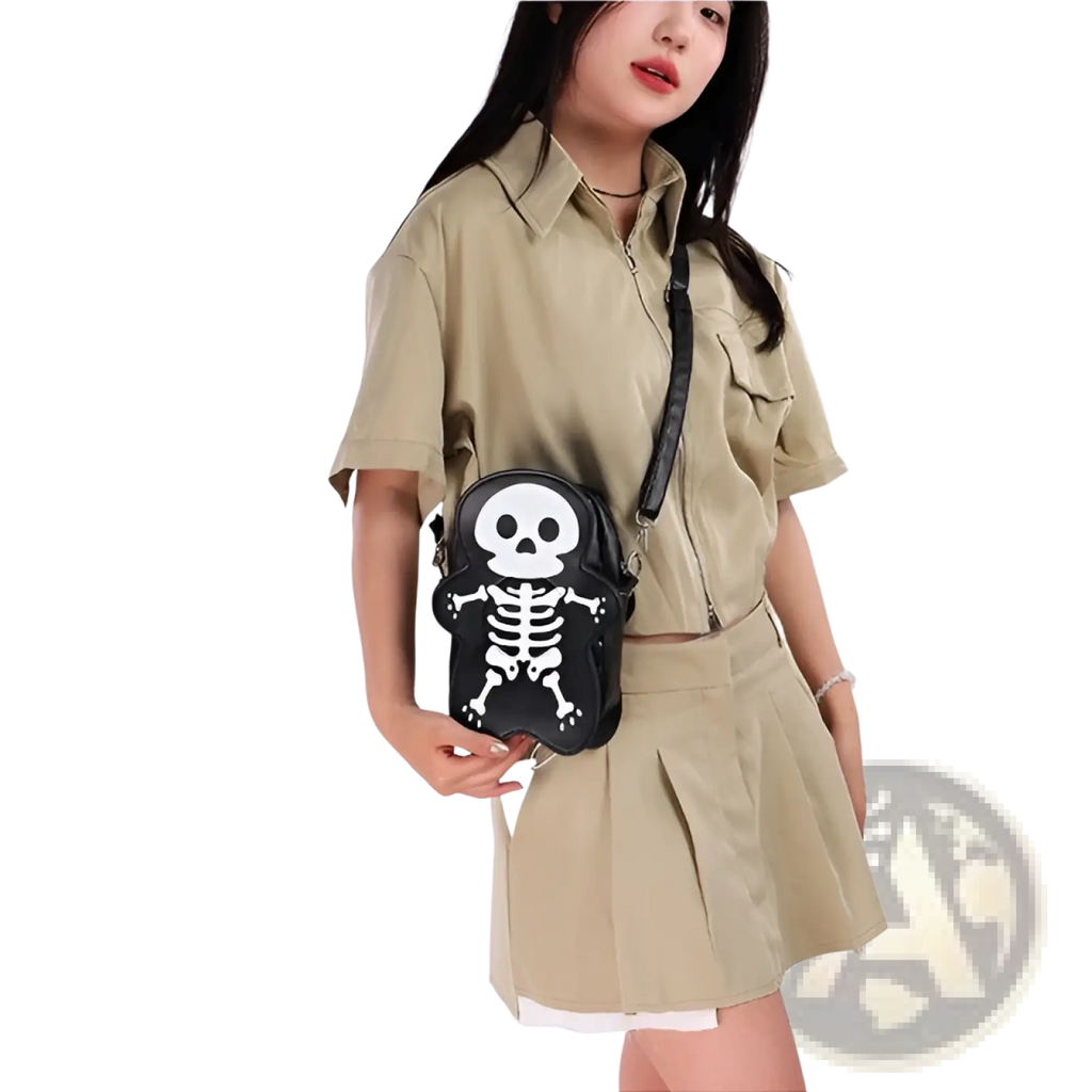 Black crossbody shoulder bag with white skeleton skull design on front, featuring y2k style and durable material