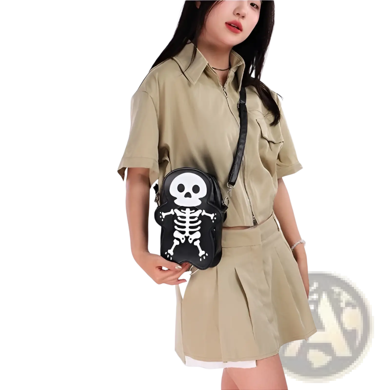 Black crossbody shoulder bag with white skeleton skull design on front, featuring y2k style and durable material