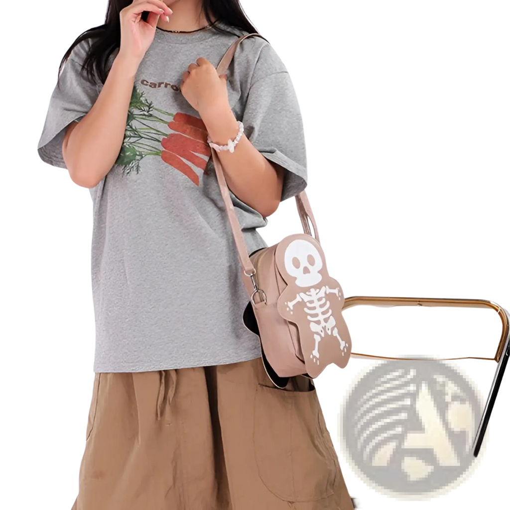 A beige y2k skeleton skull crossbody shoulder bag with a white skull and bone design for casual use