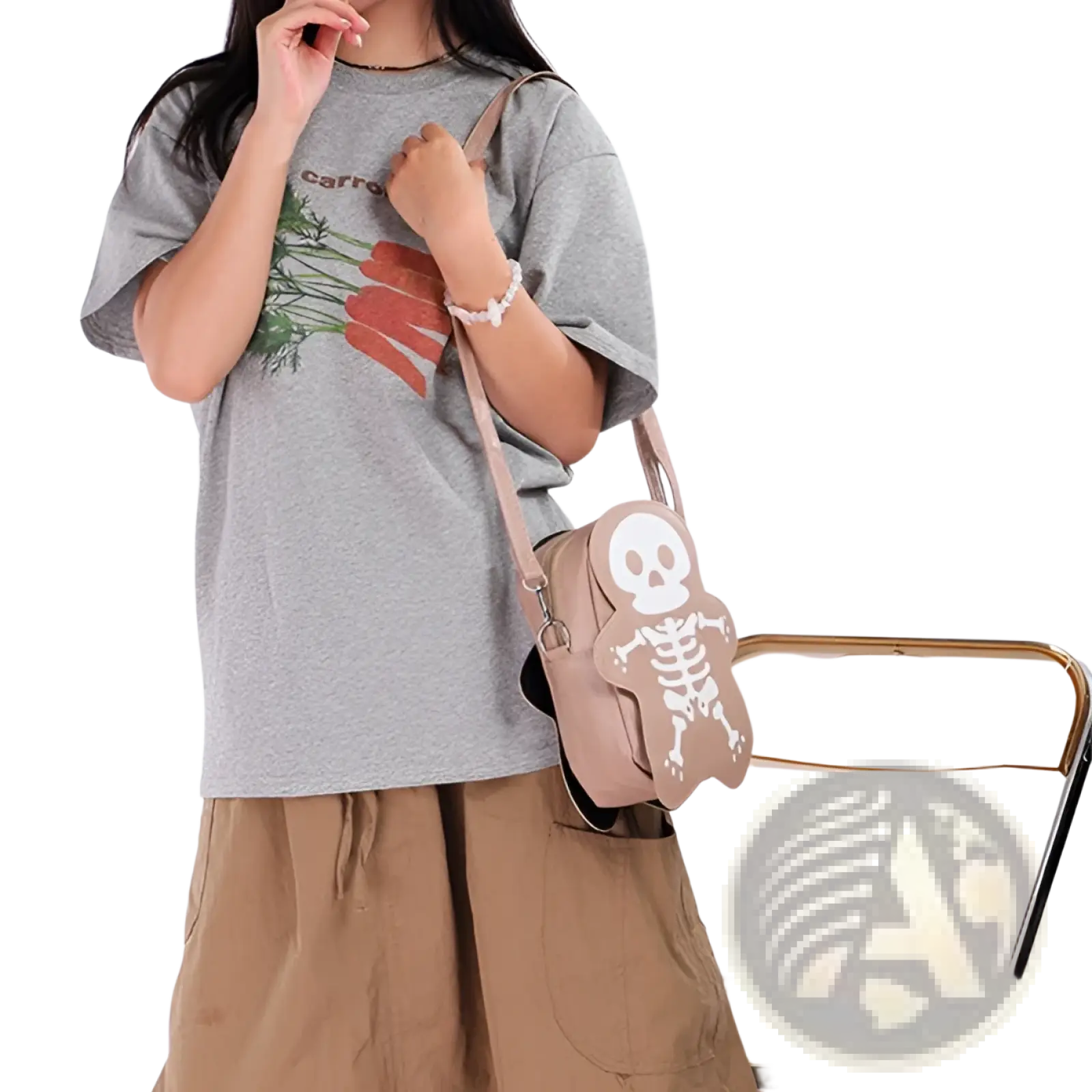 A beige y2k skeleton skull crossbody shoulder bag with a white skull and bone design for casual use