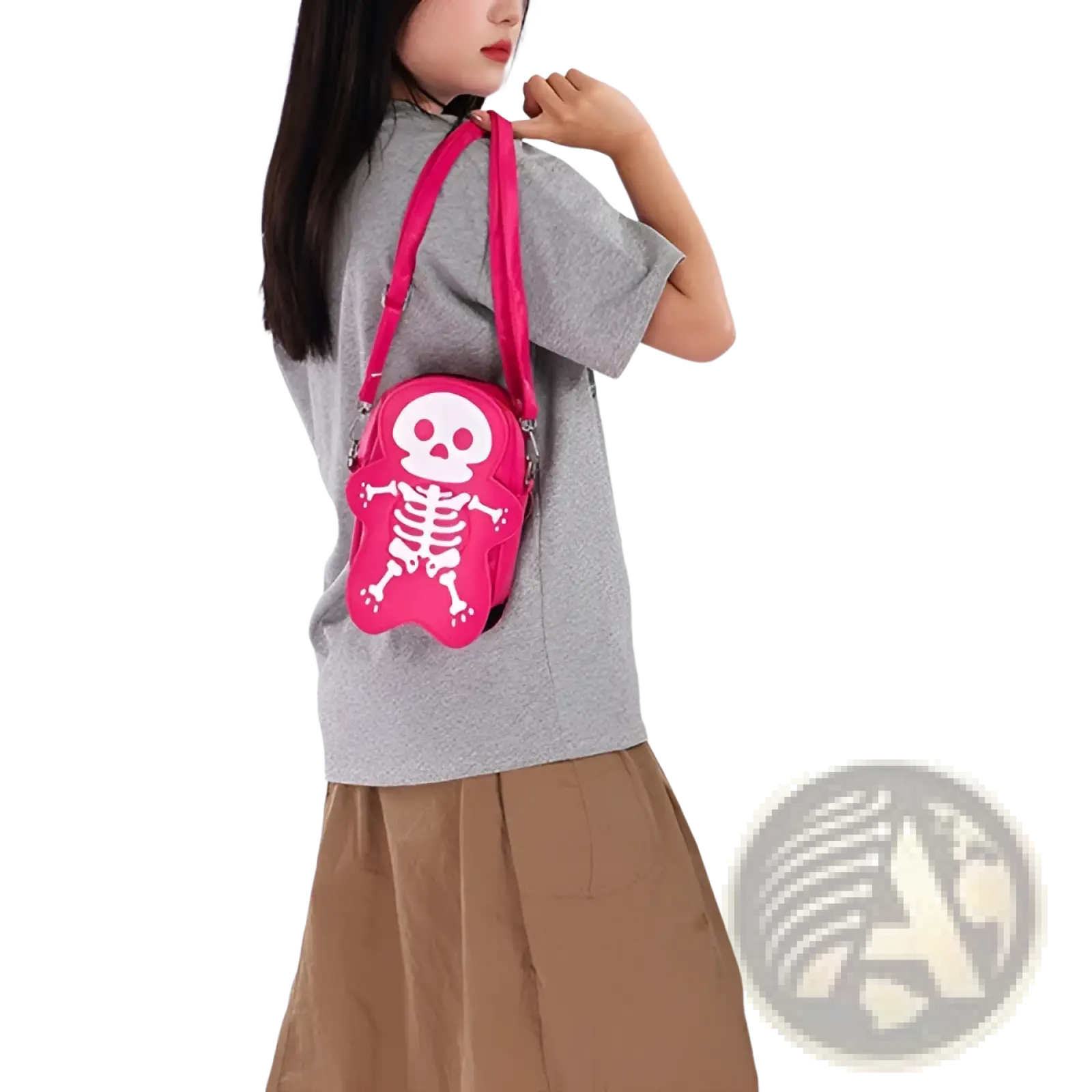 Pink skeleton-shaped crossbody shoulder bag with white skull and bone design in y2k style for everyday use