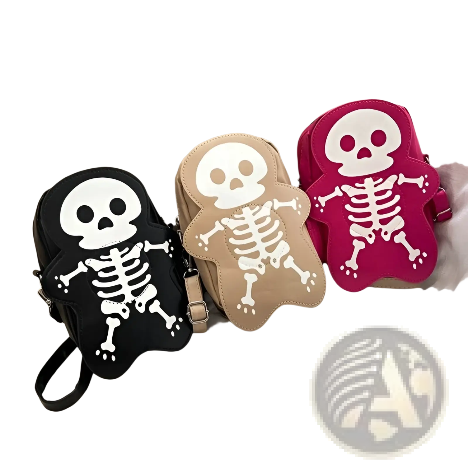 Three y2k skeleton skull crossbody shoulder bags in black beige and pink with white skeletal designs on soft fabric