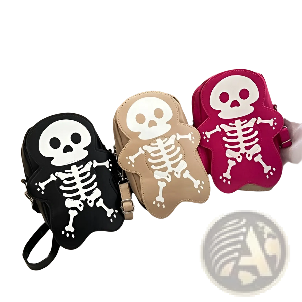 Y2k skeleton skull crossbody shoulder bags in black beige and pink with white skull designs for casual use