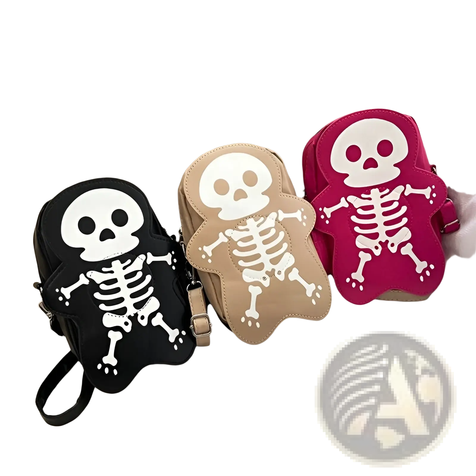 Y2k skeleton skull crossbody shoulder bags in black beige and pink with white skull designs for casual use