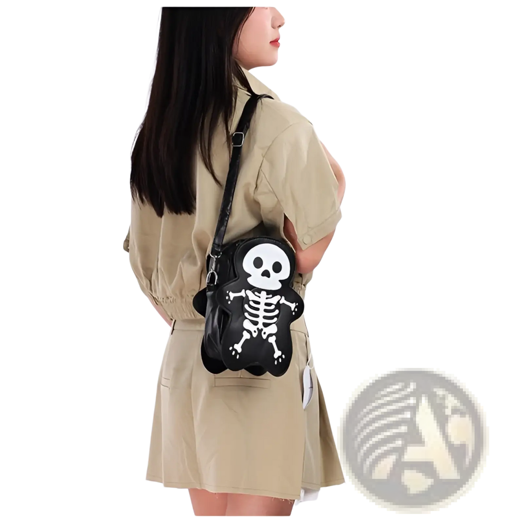 Black skull-shaped crossbody bag with white skeleton design for y2k style shoulder carrying