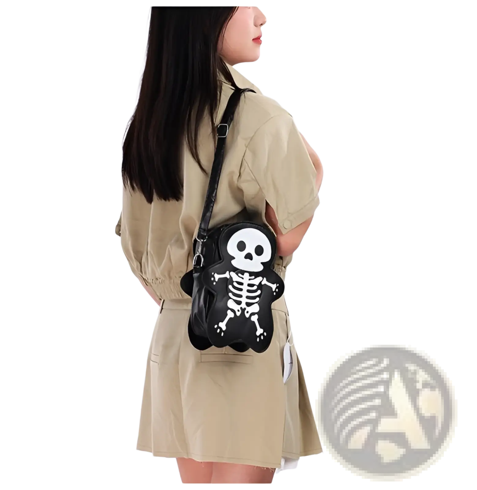 Black skull-shaped crossbody bag with white skeleton design for y2k style shoulder carrying