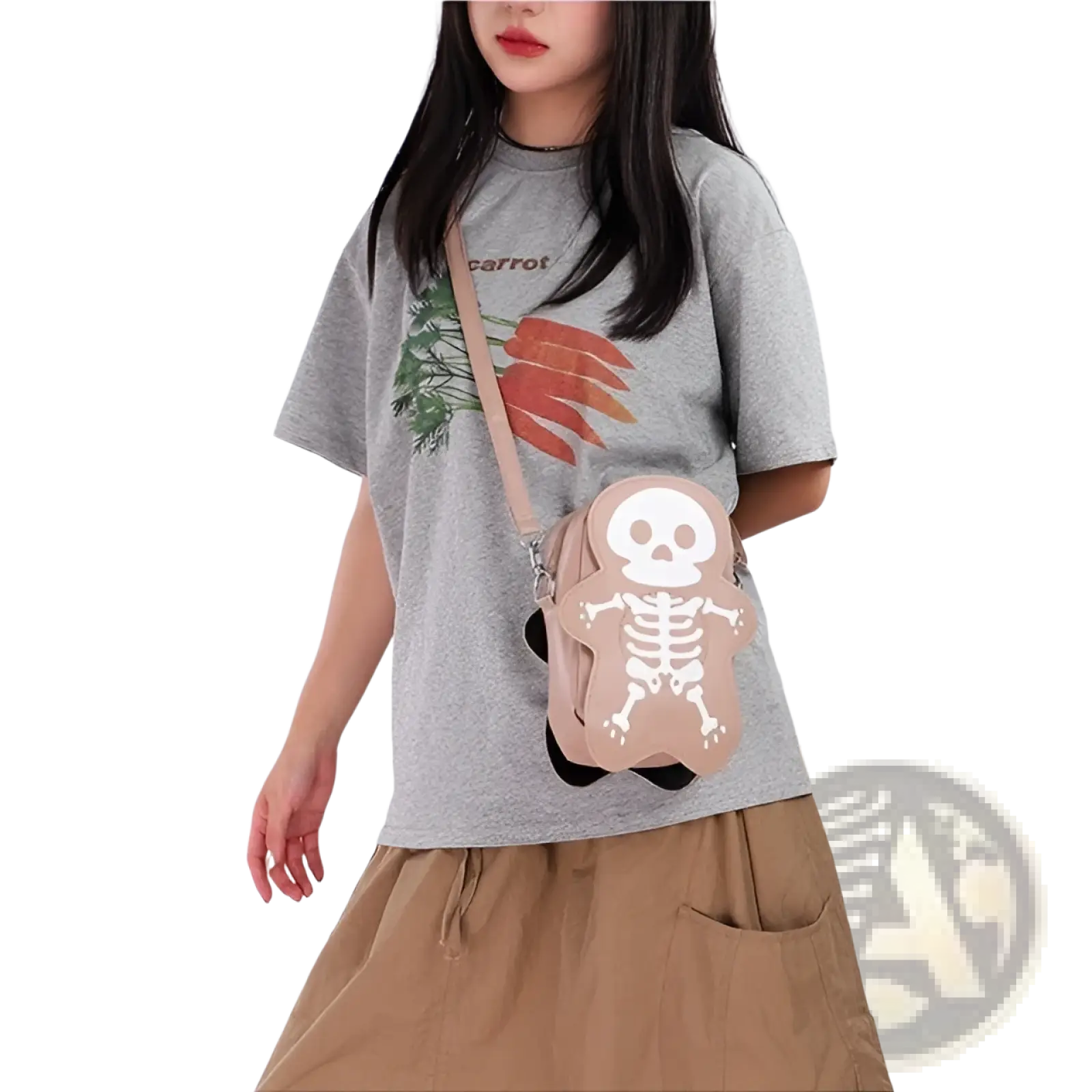 Beige y2k skeleton skull crossbody shoulder bag featuring a white skull and bone design for casual use