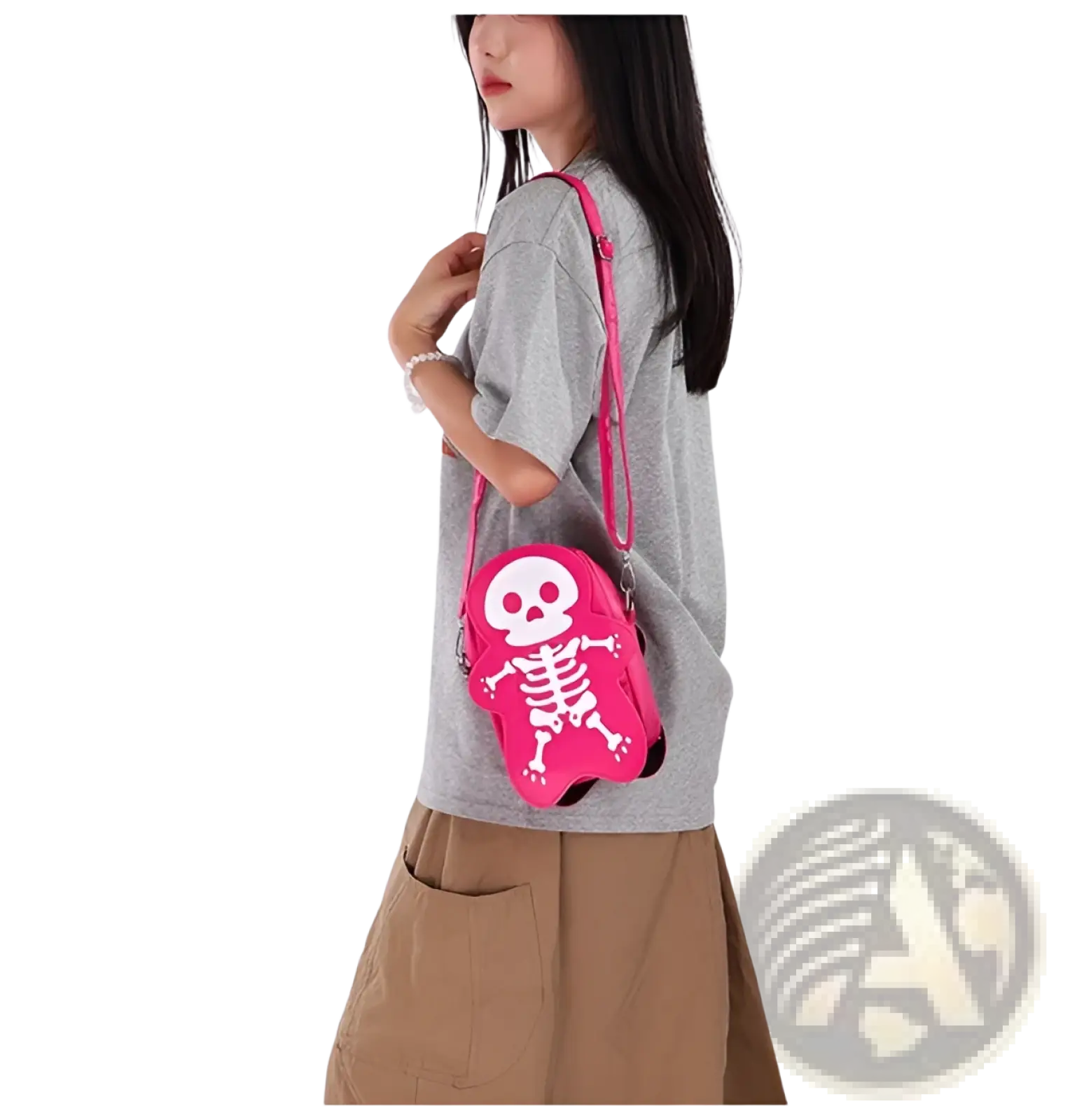 Pink y2k skeleton skull crossbody shoulder bag featuring white bone design, ideal for casual use