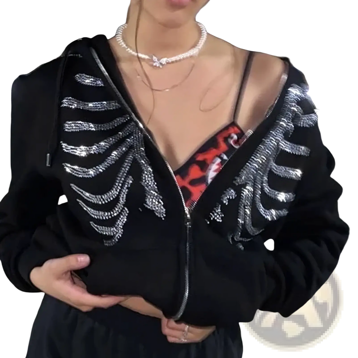 Black oversized zip up hoodie with sparkling silver rhinestone skeleton ribcage detailing for y2k streetwear