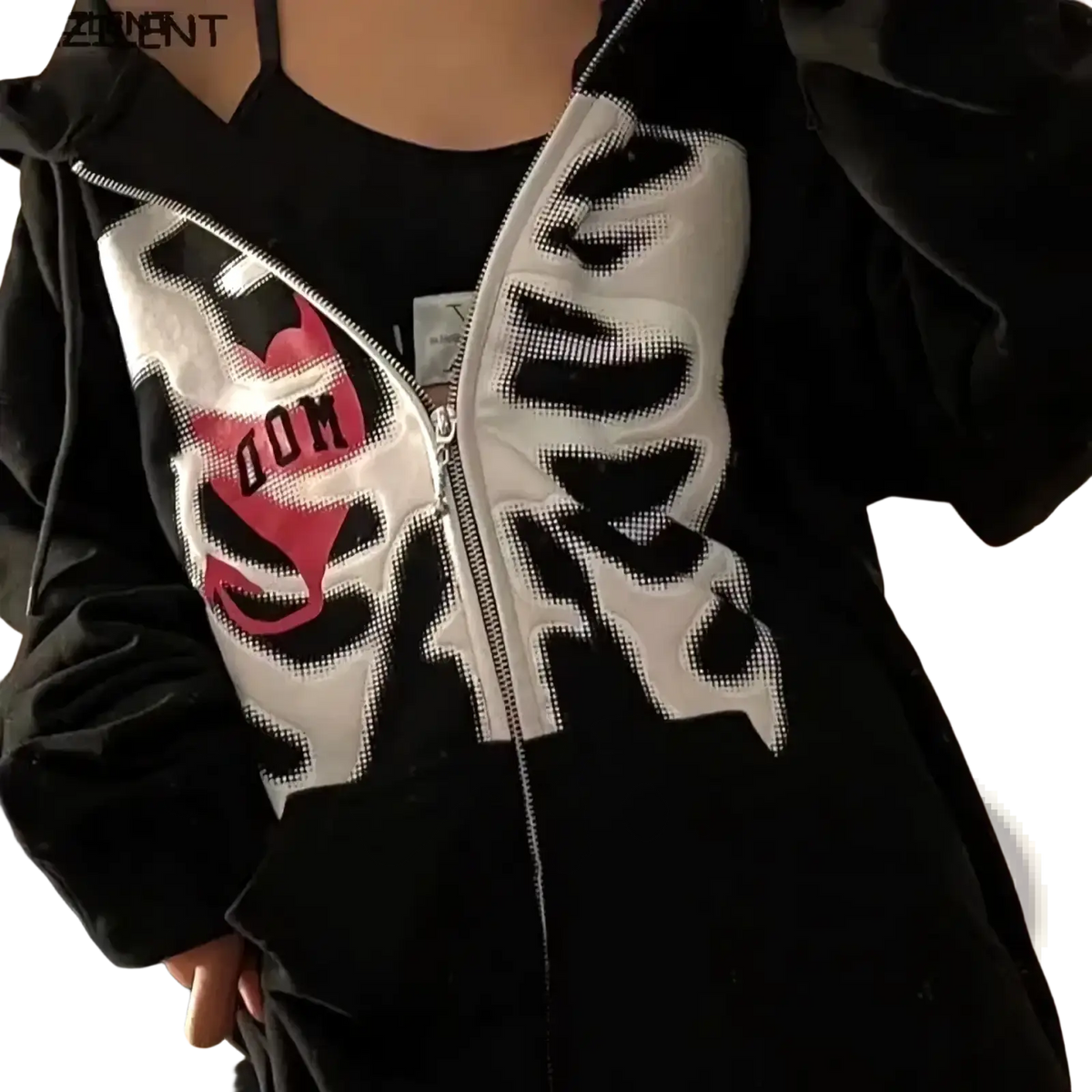 Black oversized Y2k skeleton zip up hoodie featuring a bold white and pink butterfly graphic on the front