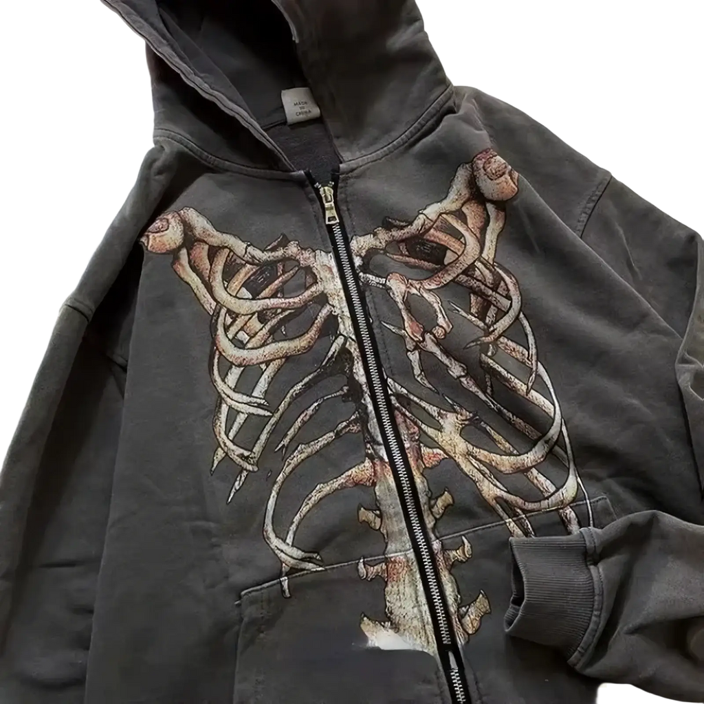 Dark gray oversized y2k skeleton zip up hoodie with faded beige ribcage graphic designed for streetwear use