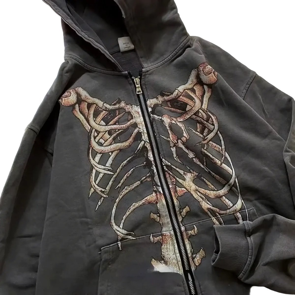 Dark gray oversized y2k skeleton zip up hoodie with faded beige ribcage graphic designed for streetwear use
