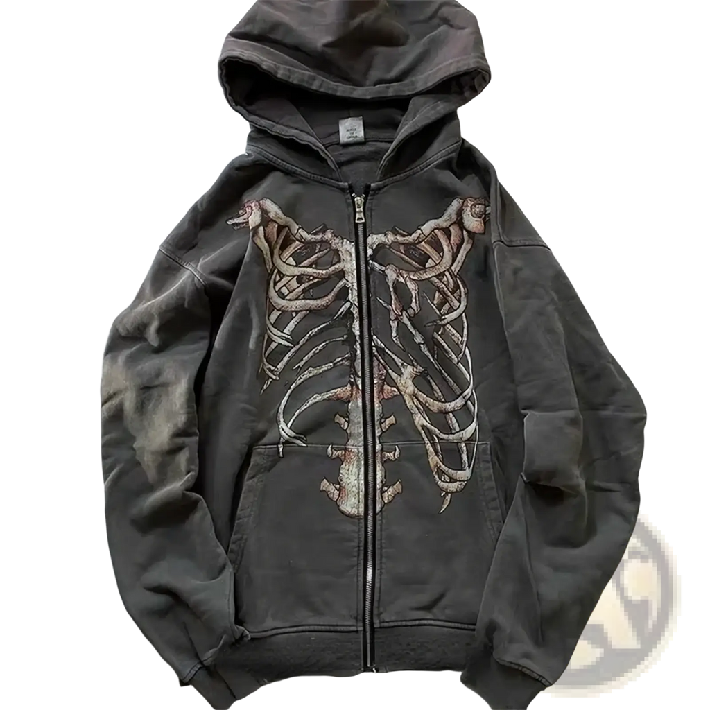 Dark gray oversized y2k skeleton zip up hoodie featuring a faded skeleton ribcage graphic on the front for streetwear