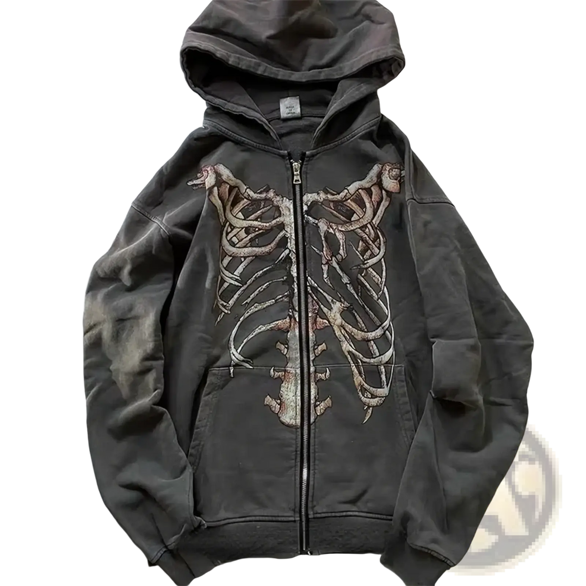 Dark gray oversized y2k skeleton zip up hoodie featuring a faded skeleton ribcage graphic on the front for streetwear