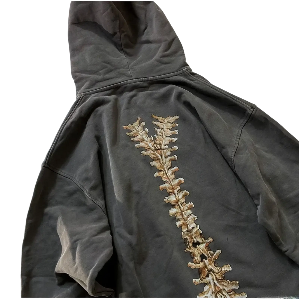 Dark gray oversized y2k skeleton zip up hoodie with beige and brown spine graphic on the back for streetwear