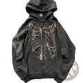 Dark gray oversized zip up hoodie featuring a detailed faded skeleton ribcage graphic for y2k streetwear style