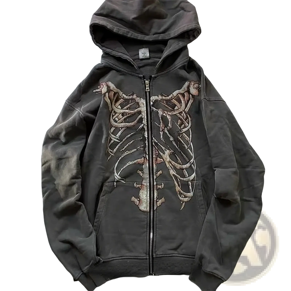 Dark gray oversized zip up hoodie featuring a detailed faded skeleton ribcage graphic for y2k streetwear style