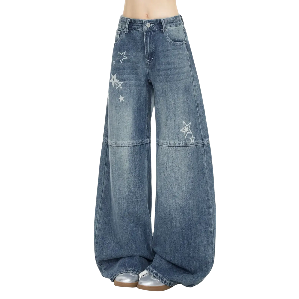 Blue denim wide-leg jeans with white star embroidery showcasing Y2k style in a casual fit