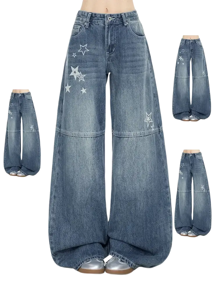 Blue denim jeans with white star embroidery featuring a wide-leg high-waisted y2k design