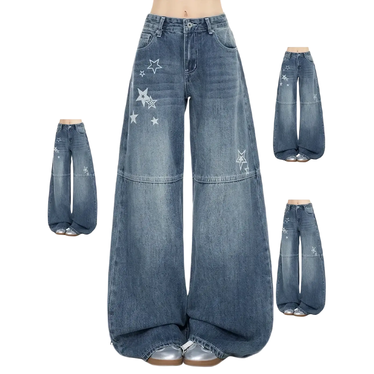 Blue denim wide-leg jeans with white star embroidery featuring a y2k style design