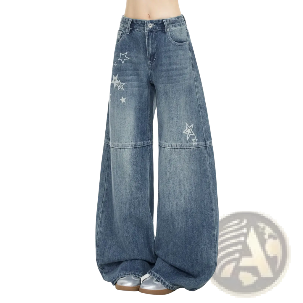 Blue denim wide-leg jeans with white star embroidery showcasing Y2k style in a casual fit