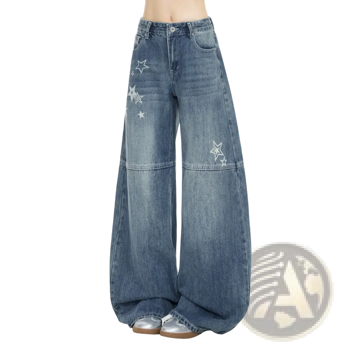 Blue denim wide-leg jeans with white star embroidery showcasing Y2k style in a casual fit