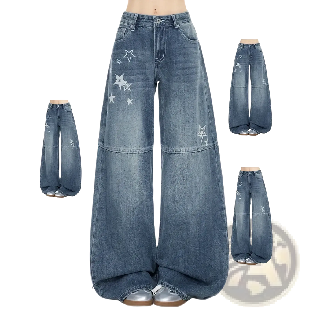 Blue denim wide-leg jeans with white star embroidery featuring a y2k style design